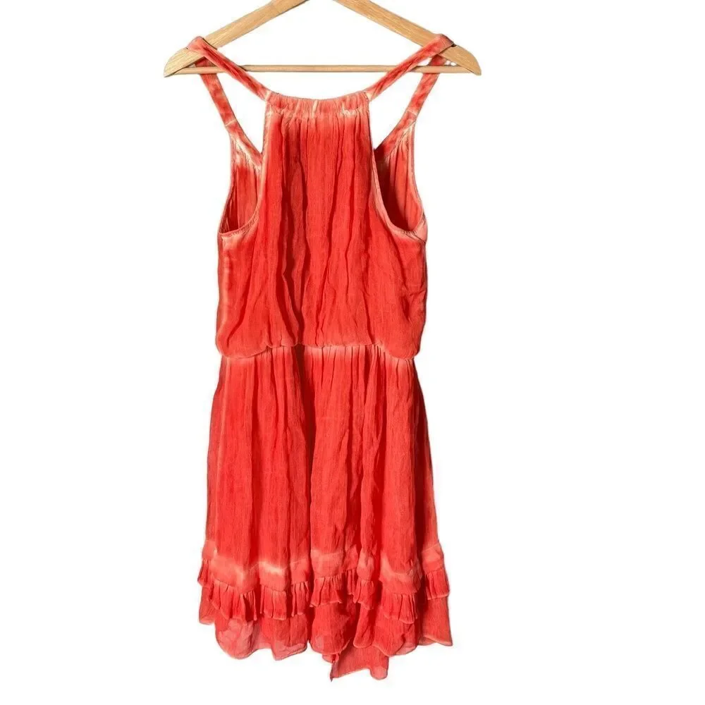 Free People Mini Dress Size S Orange White Tie-Dye Bohemian Ruffle Elastic Waist